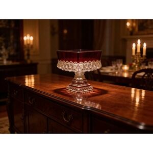 Vintage westmoreland Ruby Red glass Square Pedestal Bowl Scalloped candy dish‎